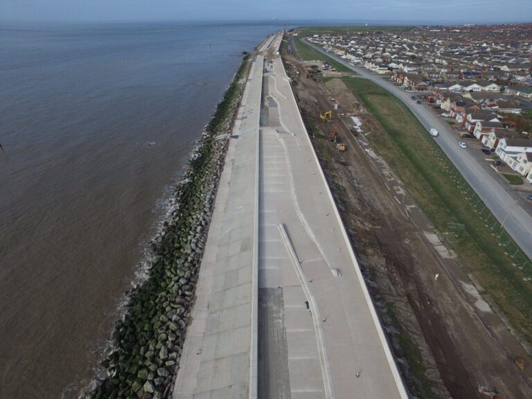 Aerial view of the first complete section of the Rossall Coastal Defence Scheme, May 2017