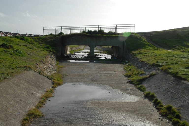 The old overflow channel and bridge at Rossall Coastal Defence Scheme