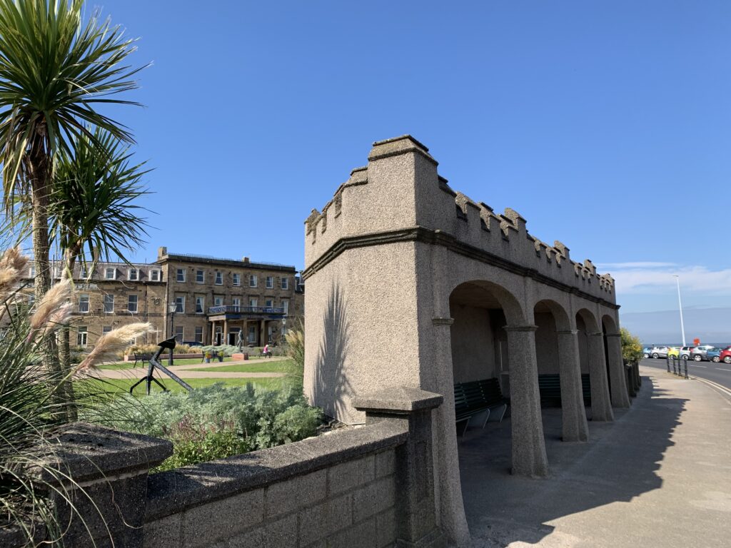 Seafront shelter at Euston Gardens, with a view across Morecambe Bay