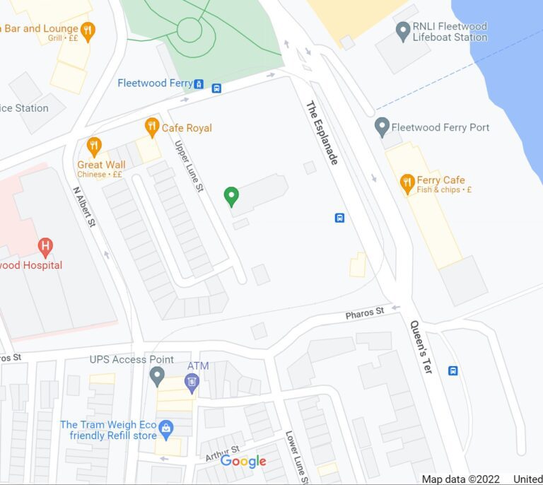 Google map showing the pale grey line of the tram loop at Fleetwood Ferry