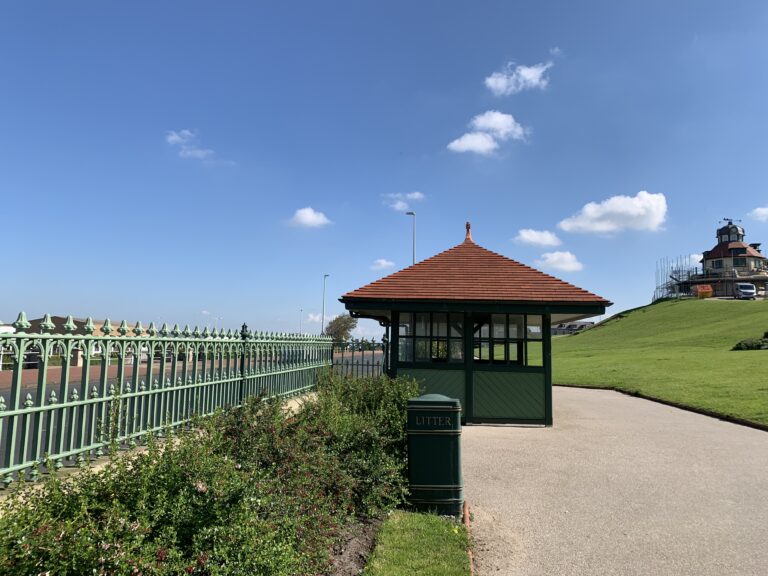 New planting and railings, with work ongoing at the Pavilion