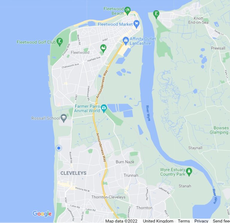Google Map of Fleetwood seafront and coastline, into the estuary of the River Wyre