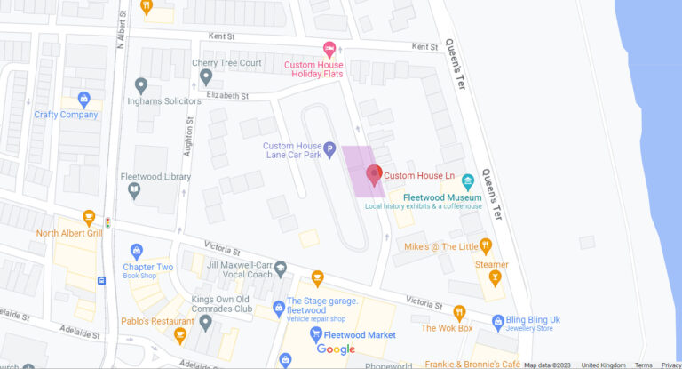 Google map showing location of Custom House Square in Fleetwood
