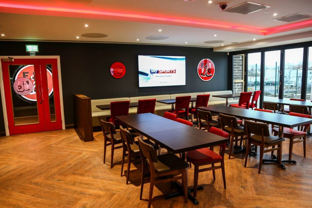 Inside the Crossbar and Grill, looking over the pitches